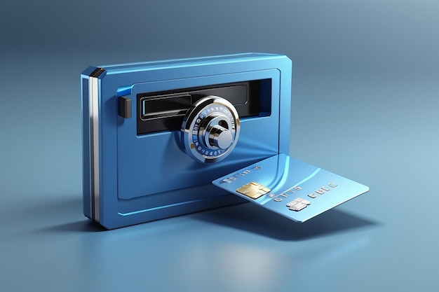 3d rendering blue credit card with safe