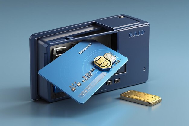 3d rendering blue credit card with safe