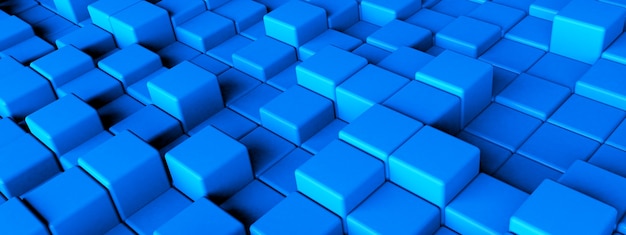 3d rendering of blue cubes, geometric background, panoramic image