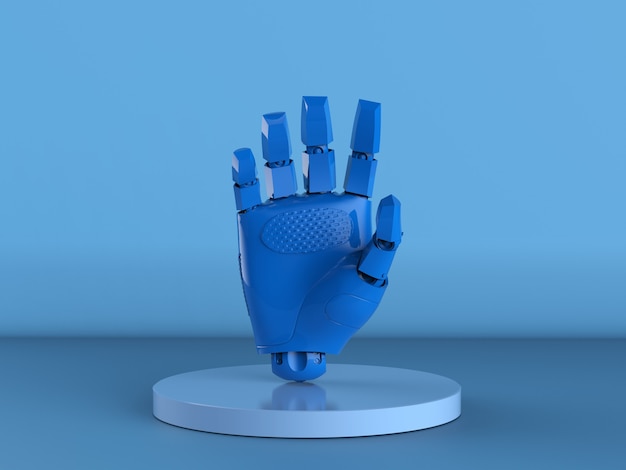 Foto 3d che rende la mano blu del cyborg su fondo blu