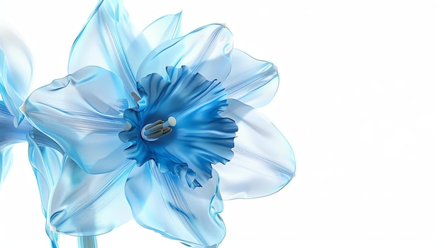 3D rendering of a blue daffodil flower isolated on a white background The petals of the flower are semitransparent and have a glossy finish