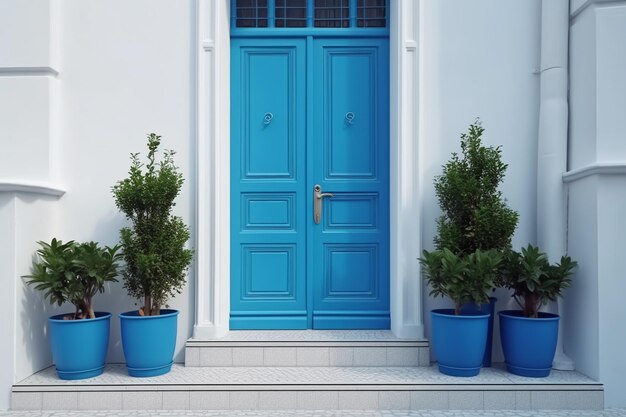 3D rendering of a blue door in a white room with plants