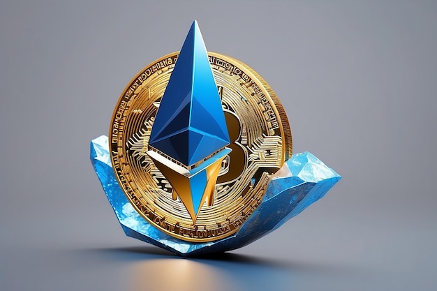 3d rendering blue ethereum sign floating on a gold crypto currency bitcoin with gray copy space background