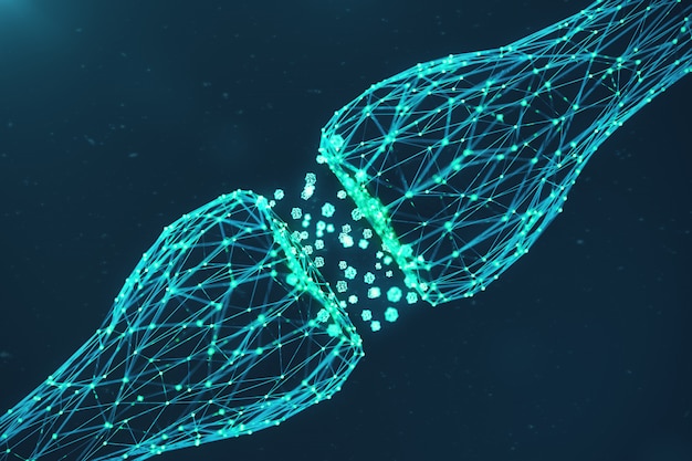 3D rendering blue glowing synapse. Artificial neuron in concept of artificial intelligence. Synaptic transmission lines of pulses. Abstract polygonal space low poly with connecting dots and lines