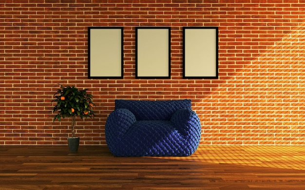 3D-рендеринг синего кресла для отдыха у кирпичной стены. Комнатное растение и рамки для картин