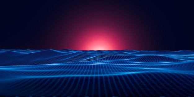 3d rendering blue neon wireframe ground with red light at horizon. Abstract technology background.