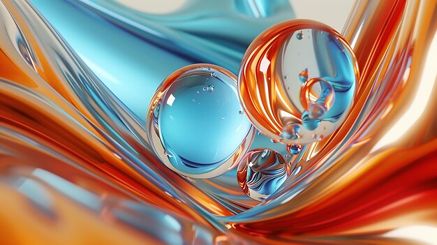 3D rendering of a blue and orange abstract background with a gradient The image has a smooth liquidlike appearance with a sphere in the center