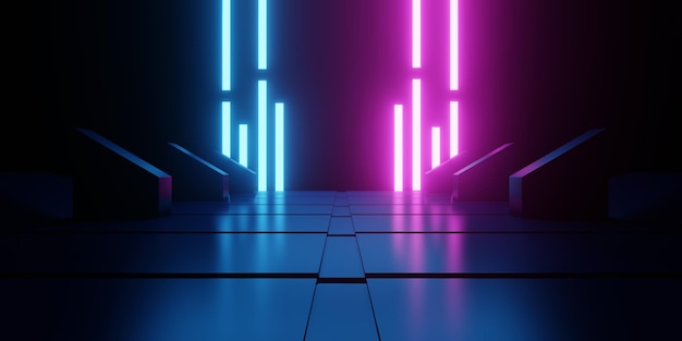 Photo 3d rendering of blue pink neon spaceship corridor hallway dark background sci fi product display