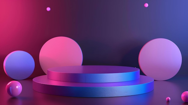 배경에 떠다니는 분홍색과 파란색의 기하학적 모양을 가진 파란색과 분홍색 포디움의 3D 렌더링
