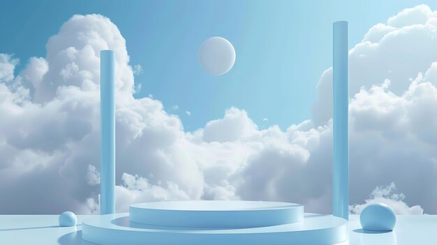 Photo 3d rendering of a blue podium with a surreal cloudy sky and two large spheres