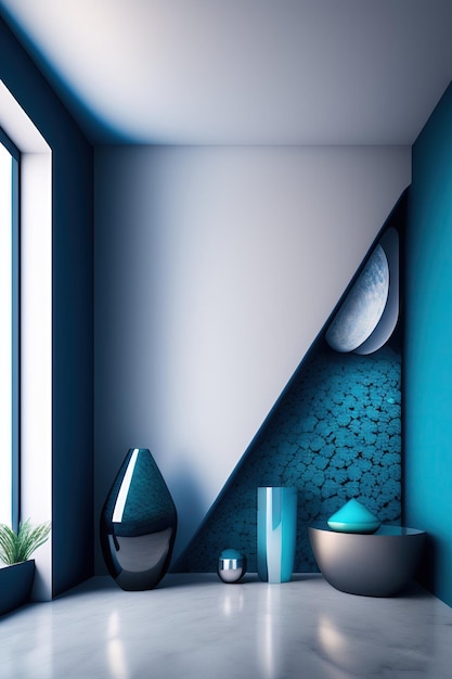 돌과 추상 바위 냄비와 받침대가 있는 파란색 방의 3d 렌더링