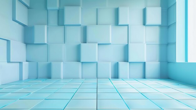 3D rendering of a blue room with a tiled floor and walls made of uneven cubes The room is lit by a soft light coming from the right