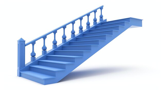 3D-рендеринг синей лестницы с изолированными балюстрами на белом фоне Лестница сделана из дерева и имеет простой дизайн