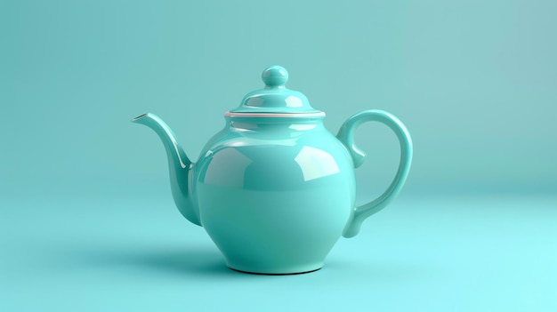 3D rendering of a blue teapot on a blue background The teapot is made of ceramic and has a shiny surface The teapot is sitting on a table
