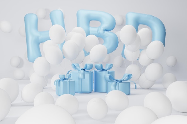 3 d レンダリング ブルー テキスト HBD ギフト ボックスと白い背景に白い風船の組成