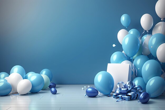 3d rendering blue theme balloons with blank paper copy space for text and gifts on background