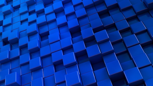 Rendering 3d di una parete blu realizzata con cubi in vista prospettica