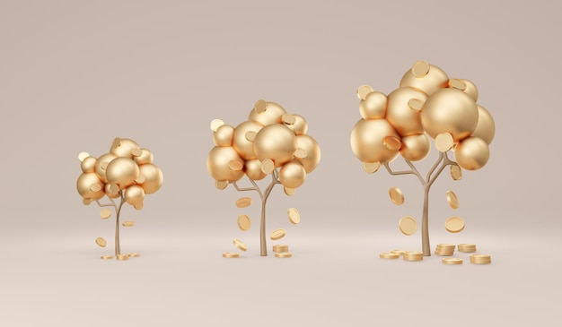 3D-rendering bomen met munten vallen van klein naar groot in gouden thema op achtergrond concept van geldboom financiële investering. 3D geef illustratie terug.