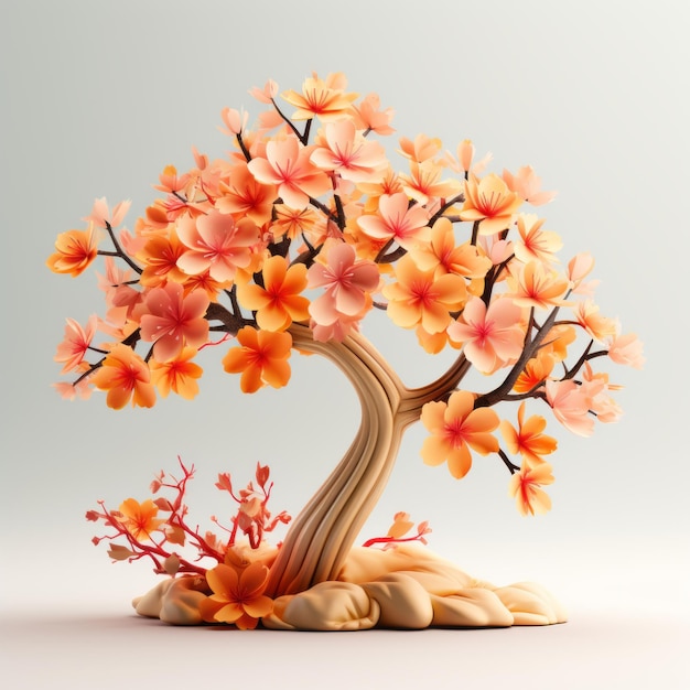 オレンジ色の花を持つ盆栽の木の 3 d レンダリング