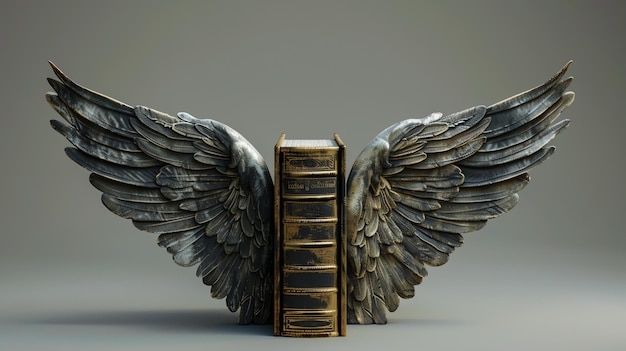 Photo 3d rendering of a book with metal wings the book is closed and the wings are spread out behind it the book is brown and the wings are silver