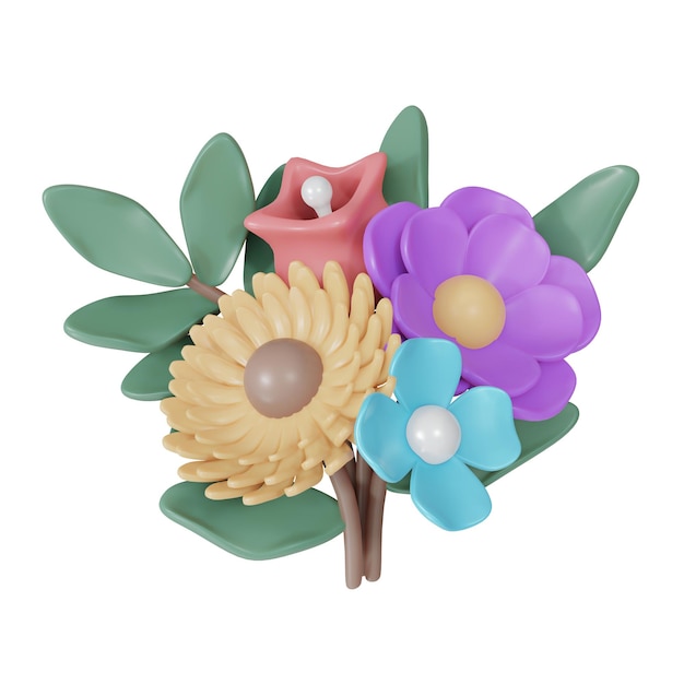 3D Rendering bouquet of flower isolated on white background 3d render cartoon style