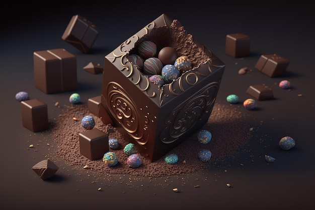 A 3d rendering of a box of chocolates with chocolates scattered around it.