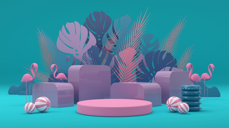 Фотография 3d рендеринг коробки подиум пальмовые листья с летним фоном