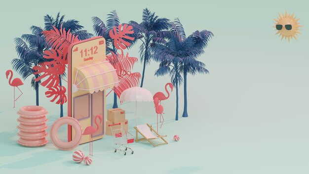 Photo 3d rendering box podium palm leaves with summer background