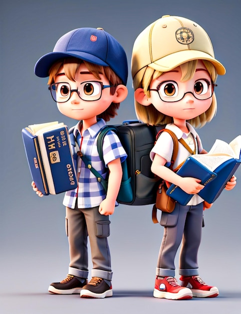 3D rendering boy and girl using backpack