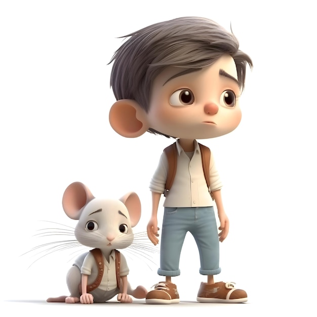 3D rendering of a boy and a mouse on a white background