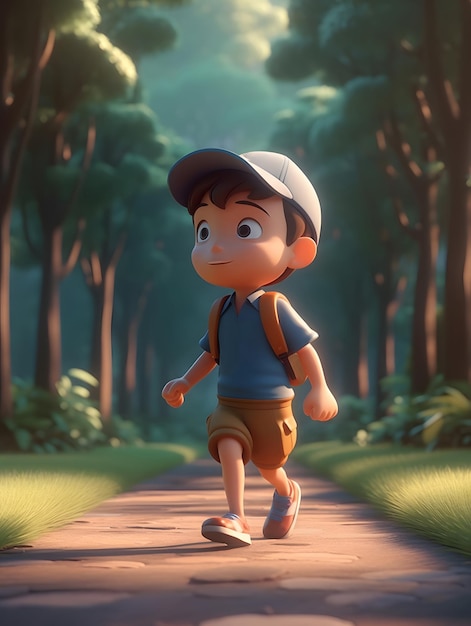 3D rendering of a boy running on the road with a schoolbag on his back