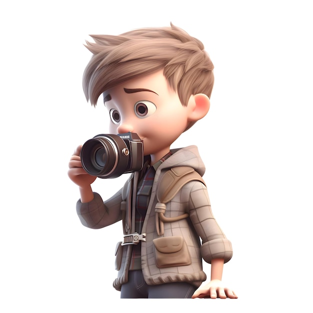 3D rendering of a boy with a camera isolated on white background