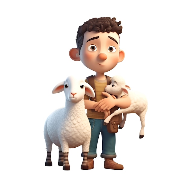 3d rendering of a boy with sheep isolated on white background