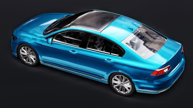 3d-рендеринг безбрендового синего автомобиля в черной студийной среде