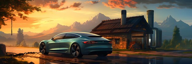3d rendering of a brandless generic concept car in the countryside