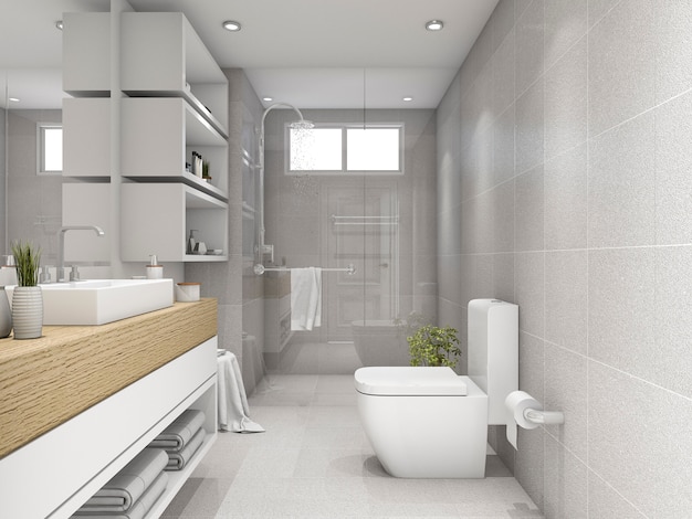 3d rendering bright bathroom with shower