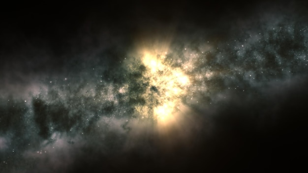 3D-рендеринг яркой галактики, состоящей из туманностей и звездных скоплений