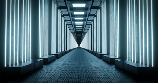 Фото 3d рендеринг яркого металлического коридора с голубым неоновым светом