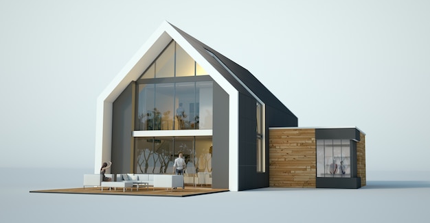 밝은 현대 집 건축 모델의 3D 렌더링