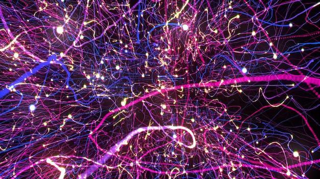 3D rendering of bright multicolored particles fill the space with jets of energy and light