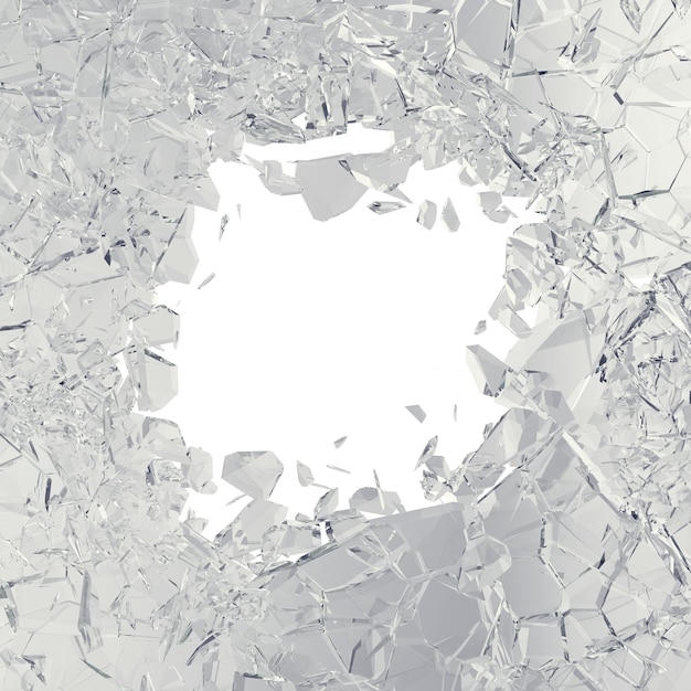 3d rendering broken glass background abstract Illustration of broken glass into pieces isolated on white background