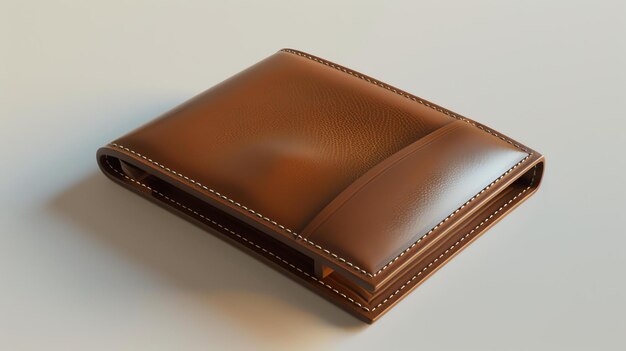 3D rendering of a brown leather wallet The wallet is closed and has a smooth surface The wallet is isolated on a white background