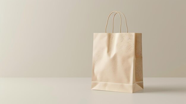 A 3D rendering of a brown paper shopping bag on a beige background The bag is slightly wrinkled and has a handle