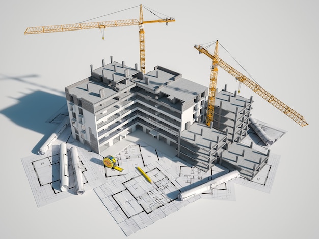 3D rendering of a building under construction on to of blue prints