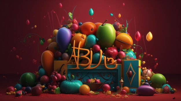 A 3d rendering of a bunch of colorful balloons and the words abb on the top of it.