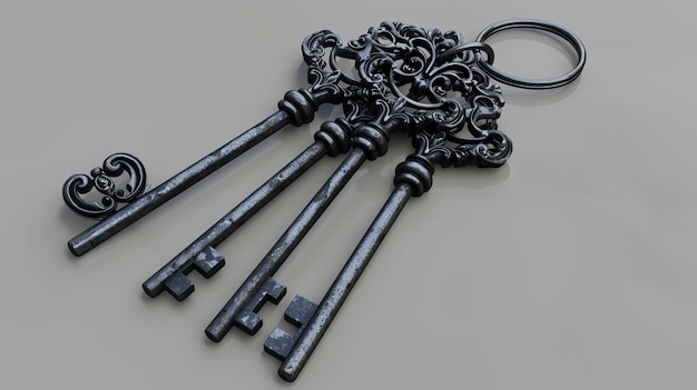 Photo 3d rendering of bunch of old vintage keys with ornate design on a light background