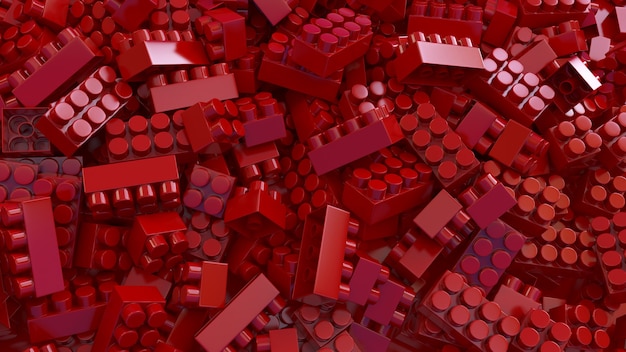 Photo 3d rendering of a bunch of red toy plastic bricks for children