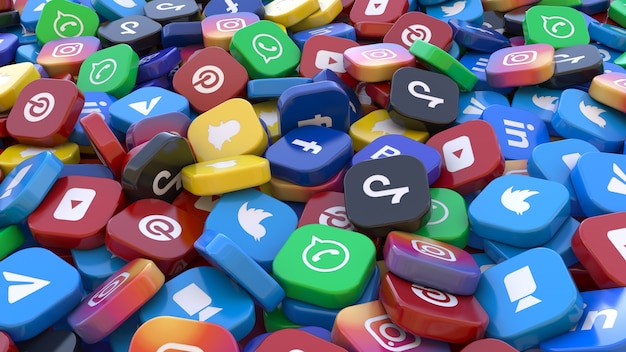 투시도에서 주요 소셜 네트워크 앱의 정사각형 배지 무리의 3d 렌더링