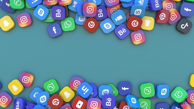 3d rendering of a bunch of square badges with the logo of the main social networks apps over green background