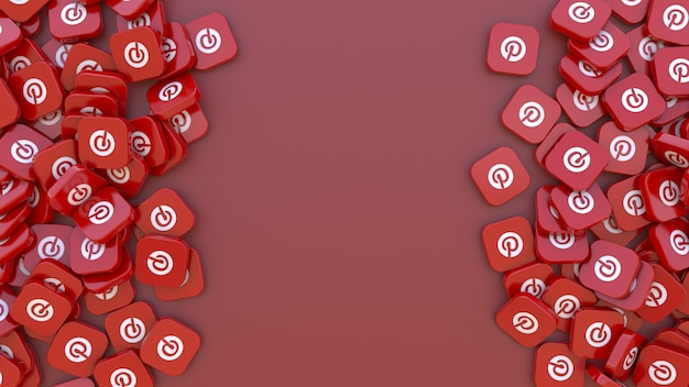 Photo 3d rendering of a bunch of square badges with the logo of pinterest over red background